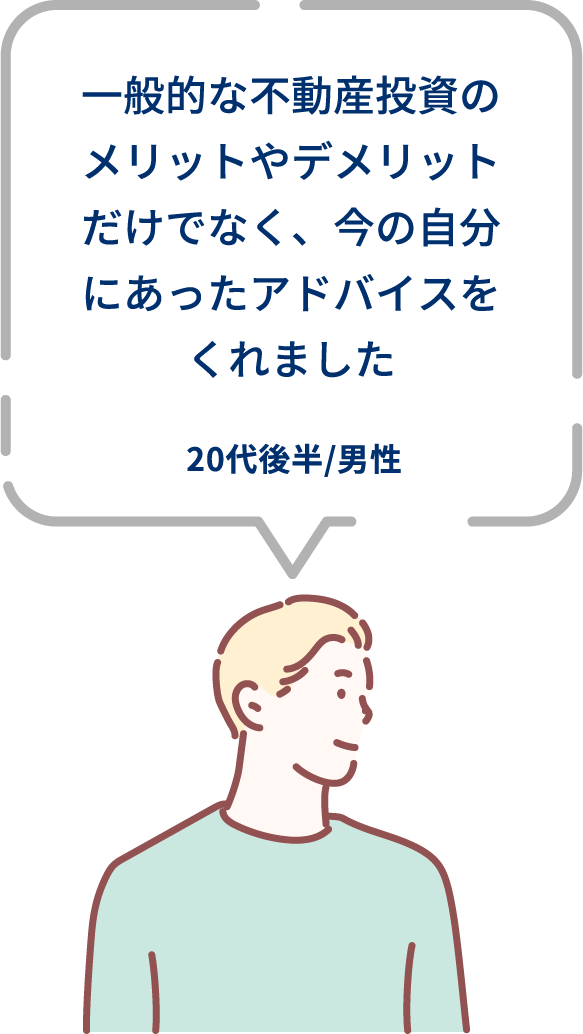 ⼀般的な不動産投資のメリットやデメリットだけでなく、今の⾃分にあったアドバイスをくれました。20代後半/男性。