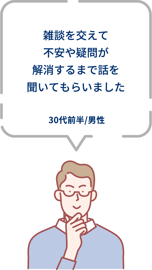 雑談を交えて不安や疑問が解消するまで話を聞いてもらいました。30代前半/男性。