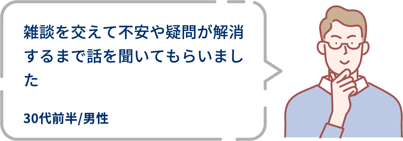 雑談を交えて不安や疑問が解消するまで話を聞いてもらいました。30代前半/男性。